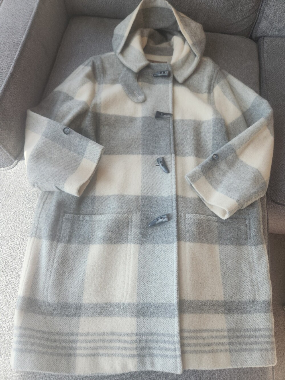 Vtg Ralph Lauren Gray & White Plaid Wool Hooded Long Coat LG